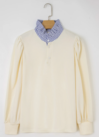 Striped Ruffle Button Neck Pullover Sweatshirt