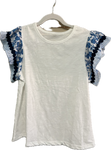 White with Blue Floral Flutter Sleeve