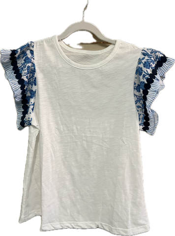 White with Blue Floral Flutter Sleeve
